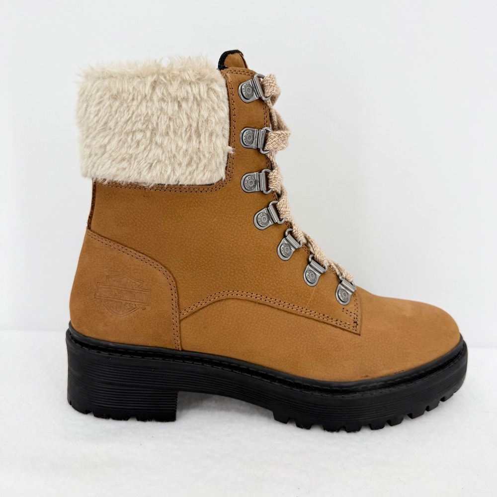 Harley-Davidson Women's Anderdon Tan Leather Combat Boots 6.5 M Faux Fur NWOB